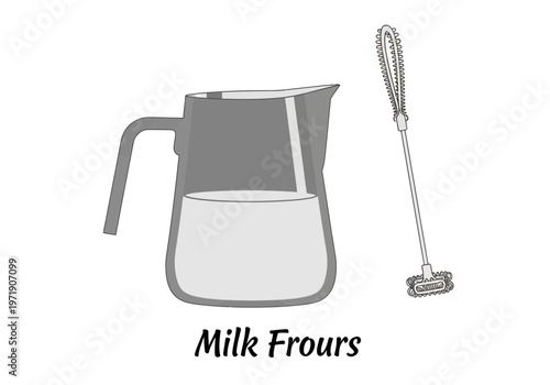 An illustration of a milk frother and frothing pitcher on a white background in an editable isolated svg.