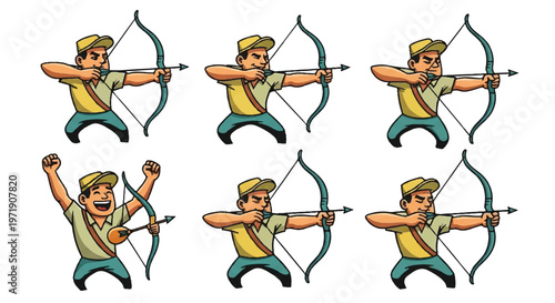 Archery sequence illustrations of a man shooting with bow and arrow isolated