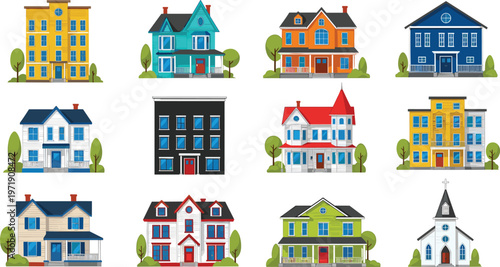 Colorful House Collection with Residential Buildings and Family Homes in Flat Style for Real Estate Illustration, Architecture Design, and Neighborhood Set