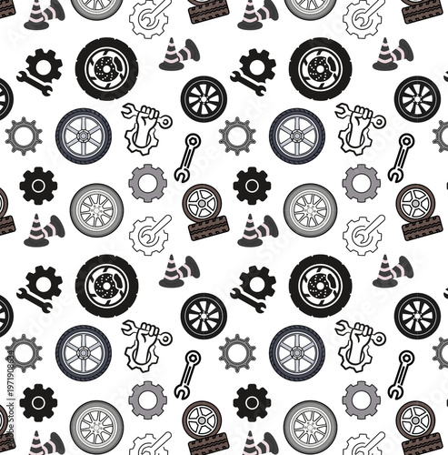 Seamless pattern, automotive icons, tires, gears, wrenches