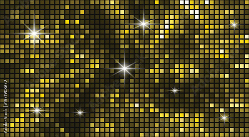 Gold disco ball background with shiny tiles and sparkling lights for party decoration and festive ambiance