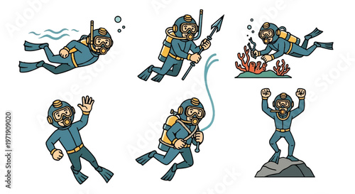 Set of divers in various poses underwater with equipment
