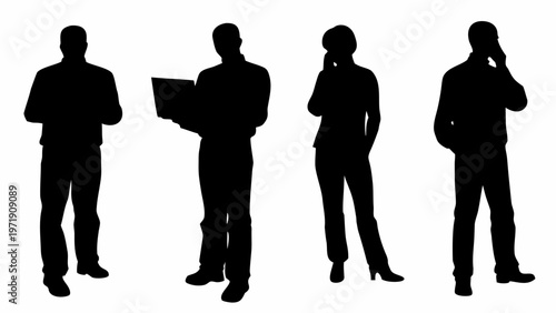 Silhouette of people working at desks with computers and office furniture