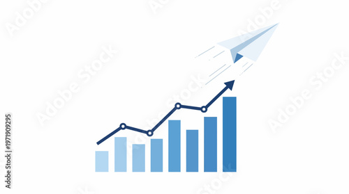 A paper airplane takes flight above an ascending bar graph.