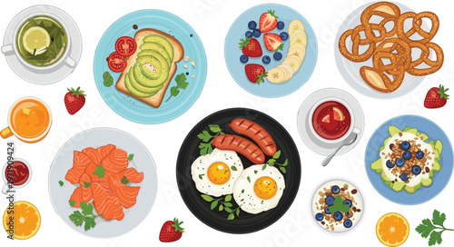 Breakfast and Brunch Food Collection with Eggs, Sausages, Avocado Toast, Salmon, Pancakes, Pretzels, and Healthy Dishes in Top View for Menu Illustration Design