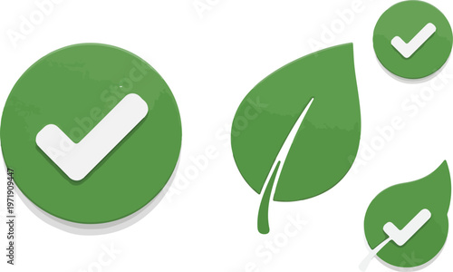 A vibrant green checkmark and leaf icon, symbolizing verified success and ecological approval, observed with the precision of an amoeba under microscope, highlighting minute details and correctness