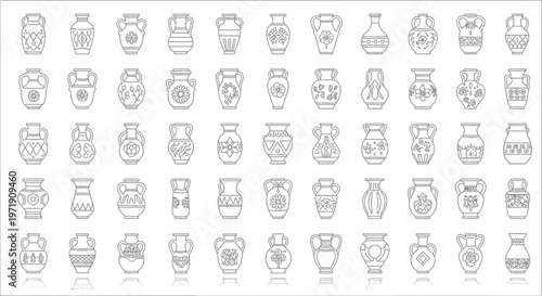 Collection of Vintage Vase Illustrations - Decorative Pottery Outline Icons