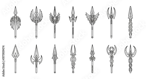 Collection of vintage weapon heads, medieval spearheads, halberds and polearms