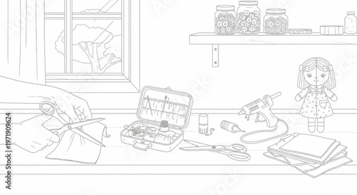 Crafting a Doll: Hands Cutting Fabric, Hot Glue Gun, Sewing Kit, Jars on Shelf