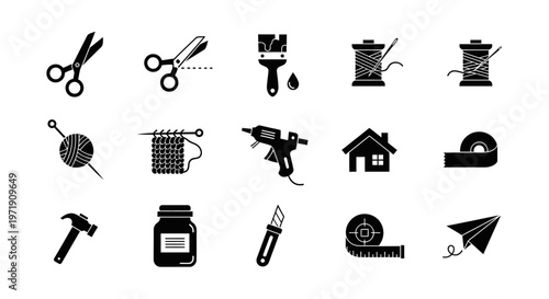 Crafting and Hobby Icons: Scissors, Needle, Paintbrush, Glue Gun, Yarn, Tape