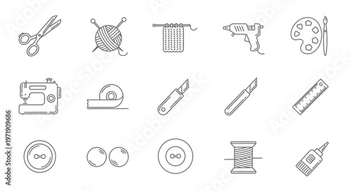 Crafting Icons Set: Sewing, Knitting, Painting, DIY Tools