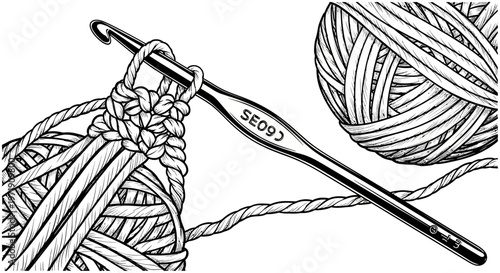 Crochet Hook and Yarn Ball Illustration - Handmade Crafting Process