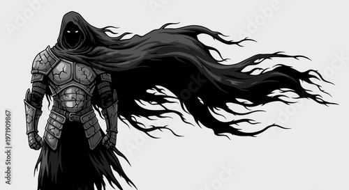 Dark hooded warrior in armor with flowing black cape, fantasy illustration