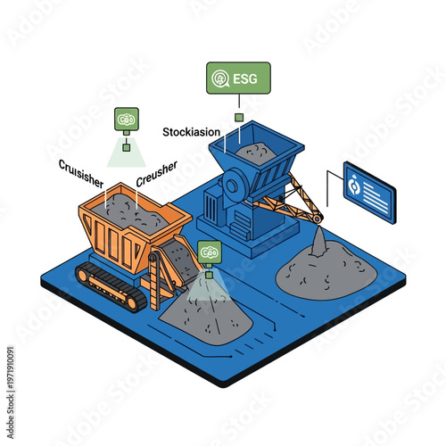 Industrial process illustration showing crushing and stock piling of materials with ESG monitoring.