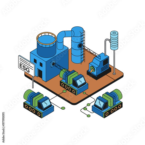 Isometric illustration of an industrial plant with ESG signage, featuring machinery, tanks, and a distillation column, symbolizing sustainable industry practices.