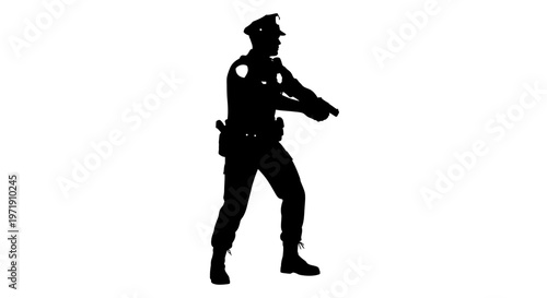 Police officer silhouette with handgun aiming on isolated white background action concept