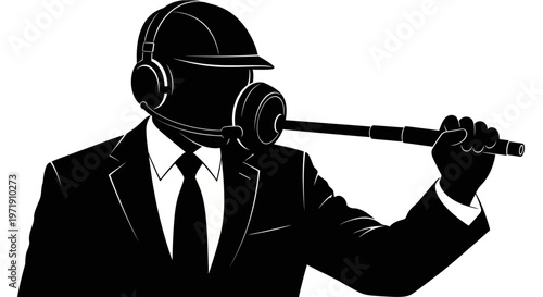 Silhouette illustration of a person wearing a helmet and holding a microphone