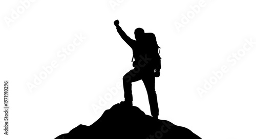 Silhouette of a hiker celebrating success on a mountain peak reaching for the sky victory concept isolated