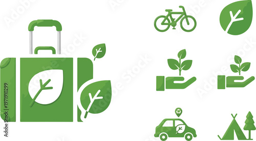 Green icons for eco-friendly travel, sustainable living, and planet health, promoting growth and environmental care; exploring even an amoeba under microscope