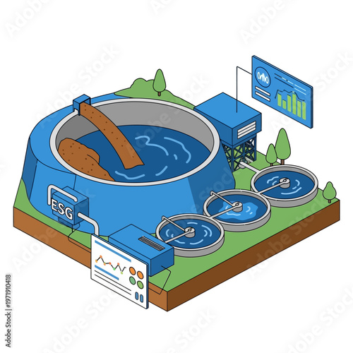 Illustration of a modern wastewater treatment plant with advanced monitoring systems, showcasing environmental technology and sustainable practices.