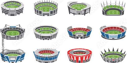 Stadium Collection with Different Arena Designs and Football Fields in Isometric Style for Sports Architecture Illustration, Event Venue Design, and Urban Collection