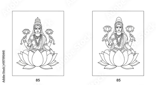 Diwali Goddess Lakshmi Sitting on Lotus, Religious Indian Art, Vector Line Drawing