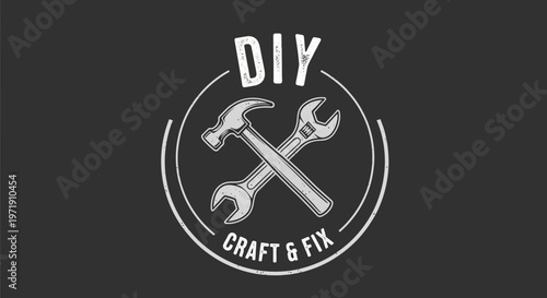 DIY Craft and Fix Logo: Crossed Hammer and Wrench Icon on Dark Background