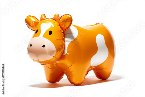 Cute inflatable cow balloon toy with orange and white cartoon design isolated on white background
