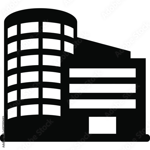 Modern multi-story building with horizontal window lines and flat roof isolated on white background, Vector, illustration