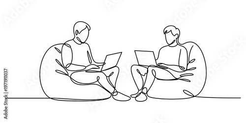 Continuous line drawing of two people sitting in bean bag chairs and working on their laptops Vector, illustration