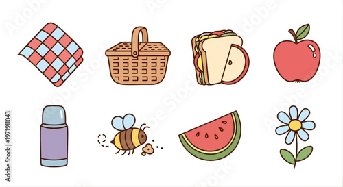 Picnic elements illustration set featuring various food items and accessories in a flat cartoon style for decorative and commercial use