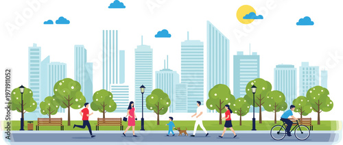City Park Scene with People Walking, Running, and Cycling in Urban Landscape with Trees and Skyline for Outdoor Lifestyle Illustration Design