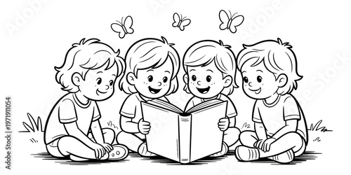 A group of four cheerful children sitting on the grass while reading a big storybook together. Vector, illustration