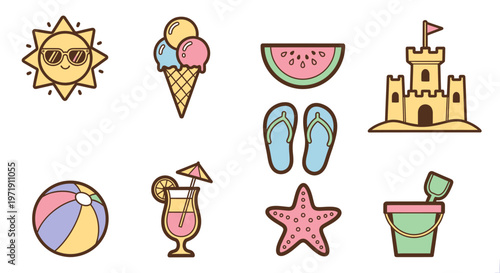 Summer icons set vector illustration beach sun ice cream drink sandcastle elements design