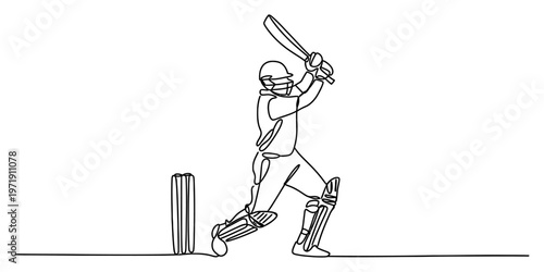 A single continuous line drawing of a cricket batter making a powerful strike against the wickets Vector, illustration
