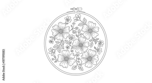 Embroidery Hoop with Floral Pattern - Hand Drawn Line Art