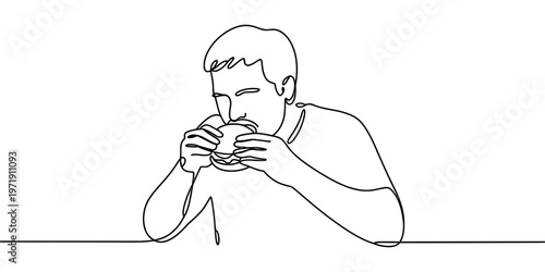 A single continuous line drawing of a young man holding and eating a delicious cheeseburger meal Vector, illustration
