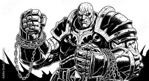 Fierce Armored Warrior with Chained Fists, Fantasy Character Illustration