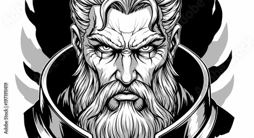 Fierce Old Man Portrait, Bearded Warrior, Grayscale Illustration, Fantasy Character