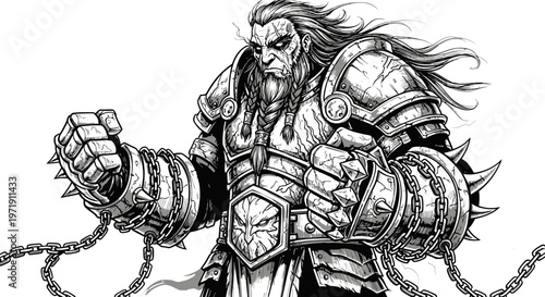 Fierce Warrior in Armor with Chains, Fantasy Character Illustration