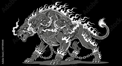 Fiery Three-Headed Dog Guardian, Mythological Creature, Dark Fantasy Art