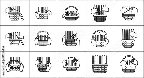 Gardening Steps: Planting Seedlings in Basket Icon Set