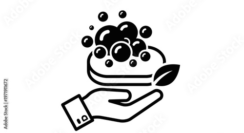 Hand holding eco-friendly soap with bubbles and leaf icon