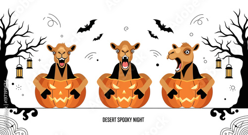Three comical camels emerging from spooky jack-o'-lanterns in a whimsical desert Halloween night illustration, perfect for festive seasonal themes