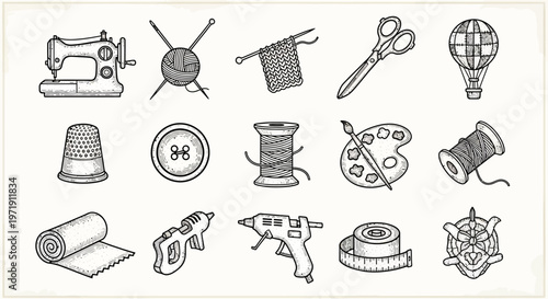 Handcrafted Hobby Icons: Sewing, Knitting, Art, and Craft Supplies