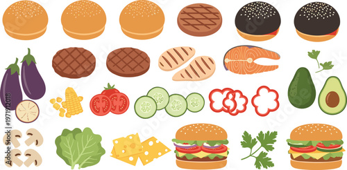 Burger Ingredients Collection with Buns, Patties, Vegetables, Cheese, and Seafood Elements for Fast Food Illustration, Cooking Design, and Meal Preparation Set
