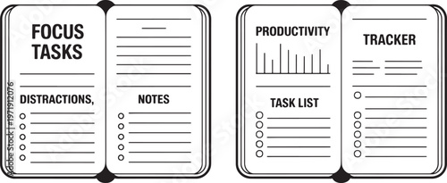 Opened productivity notebook featuring sections for 'Focus Tasks', 'Distractions', 'Notes', 'Productivity Tracker', and 'Task List' with checkboxes and a bar chart graphic.