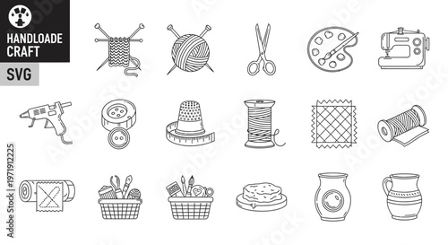 Handmade Craft Icons: Knitting, Sewing, Painting, Pottery, DIY Tools
