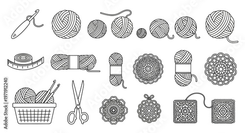 Handmade Crafting Supplies: Yarn Balls, Crochet Hooks, Scissors, and Measuring Tape