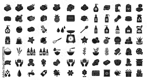 Handmade Soap Making Ingredients and Tools Collection - Vector Icons